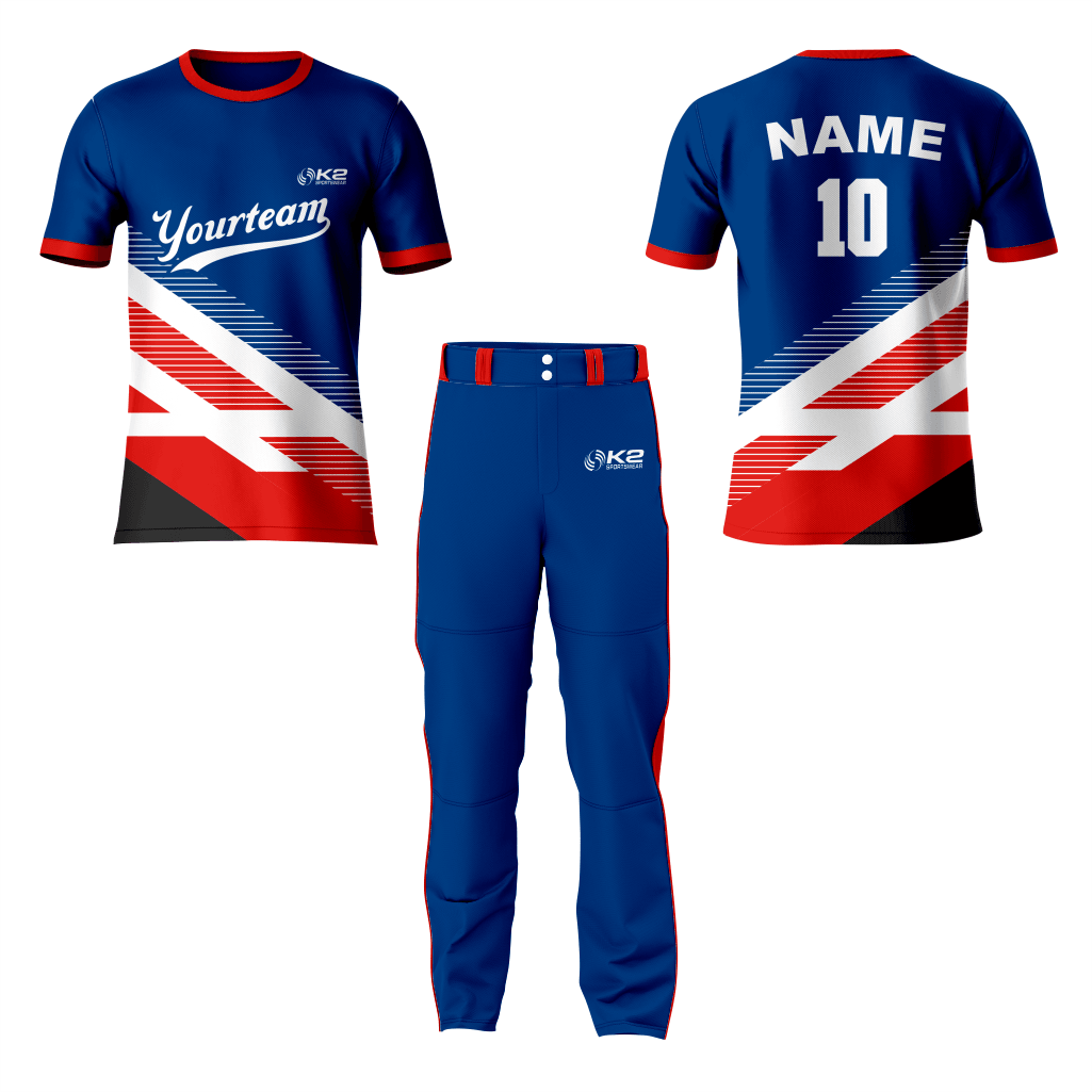 Personalized Blue and Red Crew Neck Baseball Jersey - K2 Sportswear | Custom Sports Uniforms & Apparels - K2 Sportswear