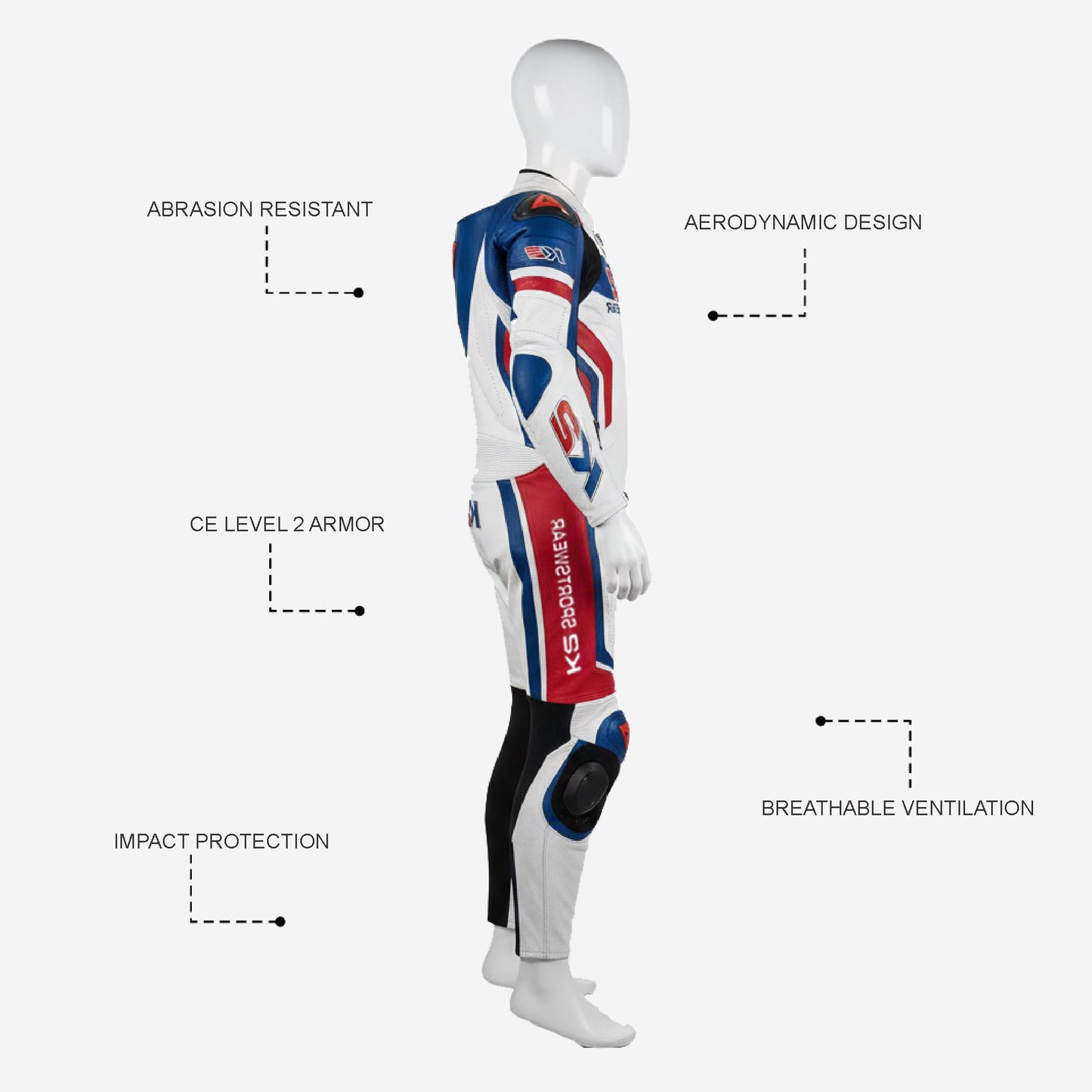Personalized Motorbike Leather Suit in White & Blue - Custom Racing One Piece Track Suit