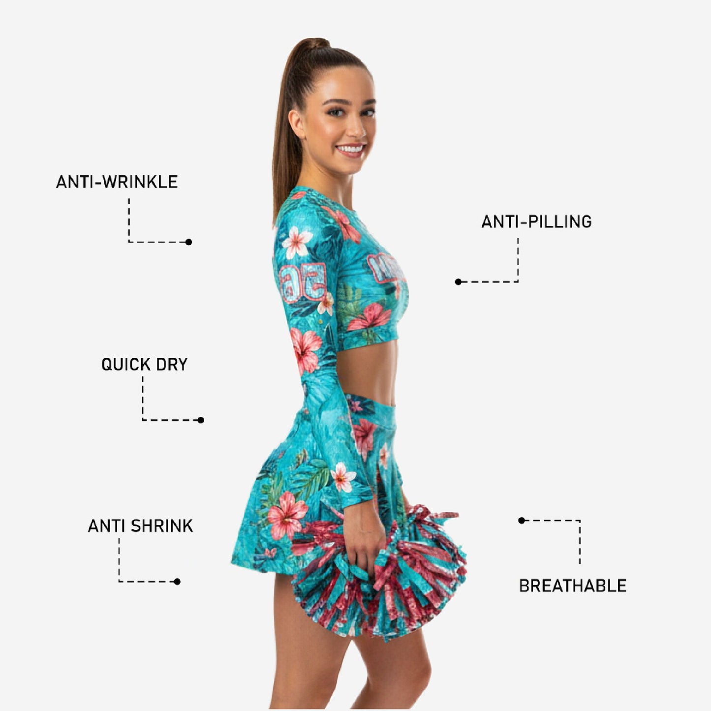 Personalized Pacific Blue Cheer Uniform - Long Sleeve Crop Top Skirt Competition Set