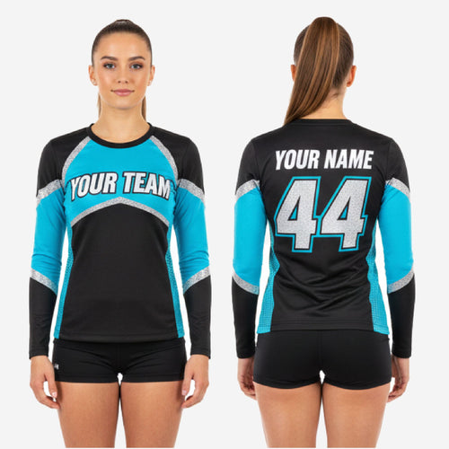 Custom Printed Cheer Practice Jersey - Black & Ball Blue Long Sleeve Shell