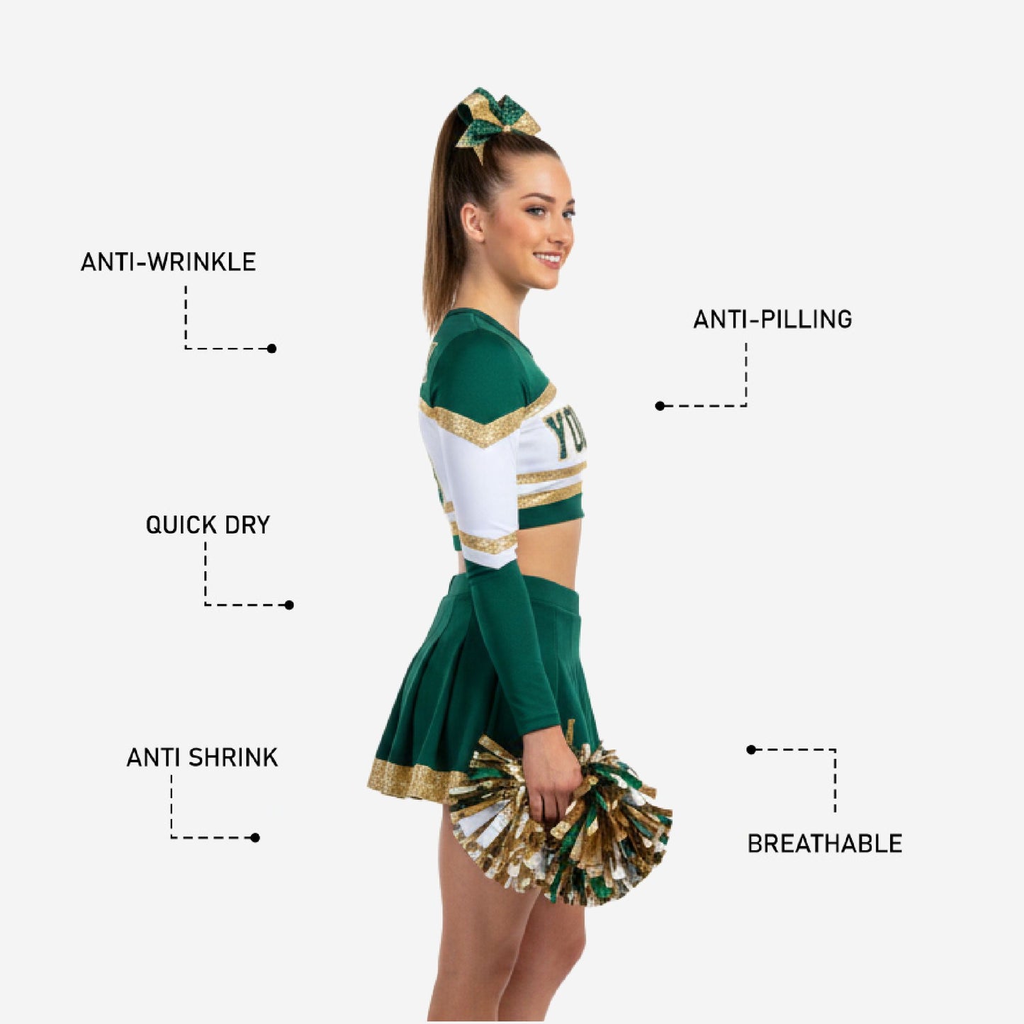 Personalized Green Cheer Uniform - Long Sleeve Crop Top Skirt Competition Set