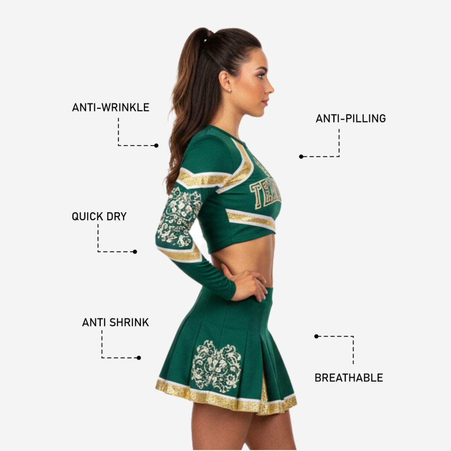 Long Sleeve Cheerleading Uniform Set - Custom Crop Top & Skirt for Youth & All-Star Teams