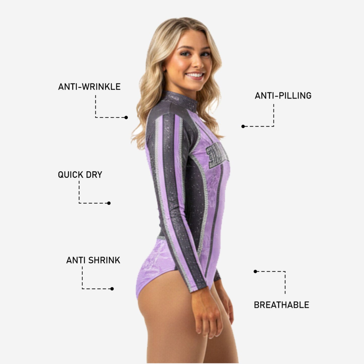 Custom Cheerleading Uniform Bodysuit - Purple Sublimation Print