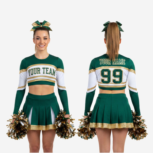Personalized Green Cheer Uniform - Long Sleeve Crop Top Skirt Competition Set