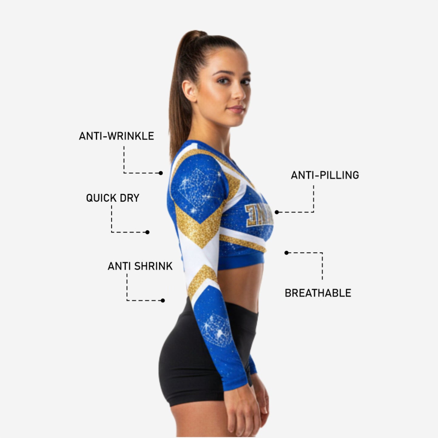 Blue & Gold Cheer Uniform Top - Personalized Team Name & Player Number
