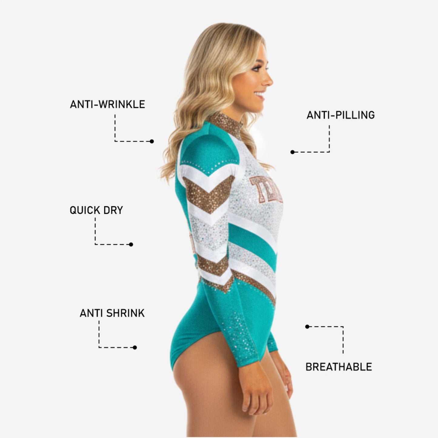 Personalized Cheer Bodysuit - Tiffany Blue Glitter High Neck Design