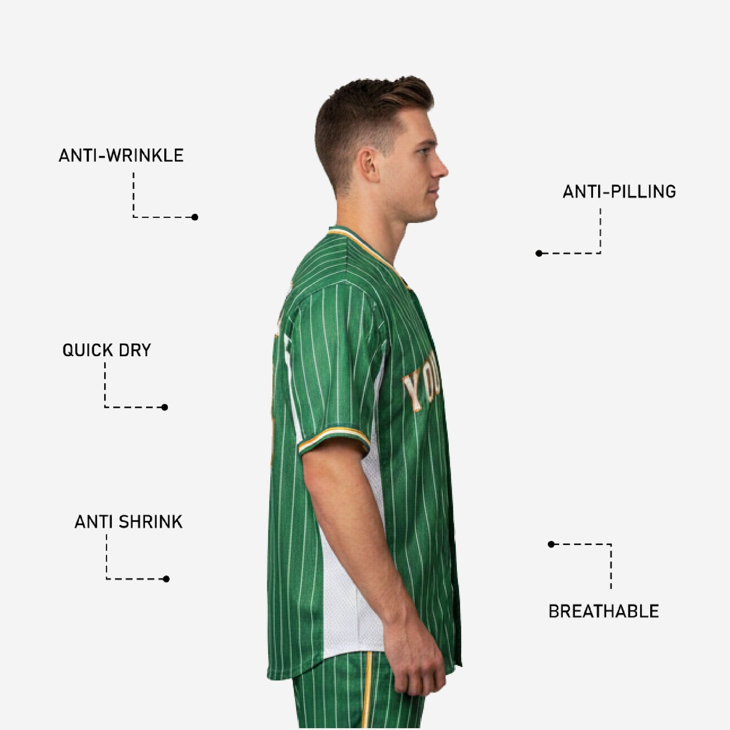 Custom Baseball Jersey in Green - Pinstripe Full Button Jersey Team Name & Number