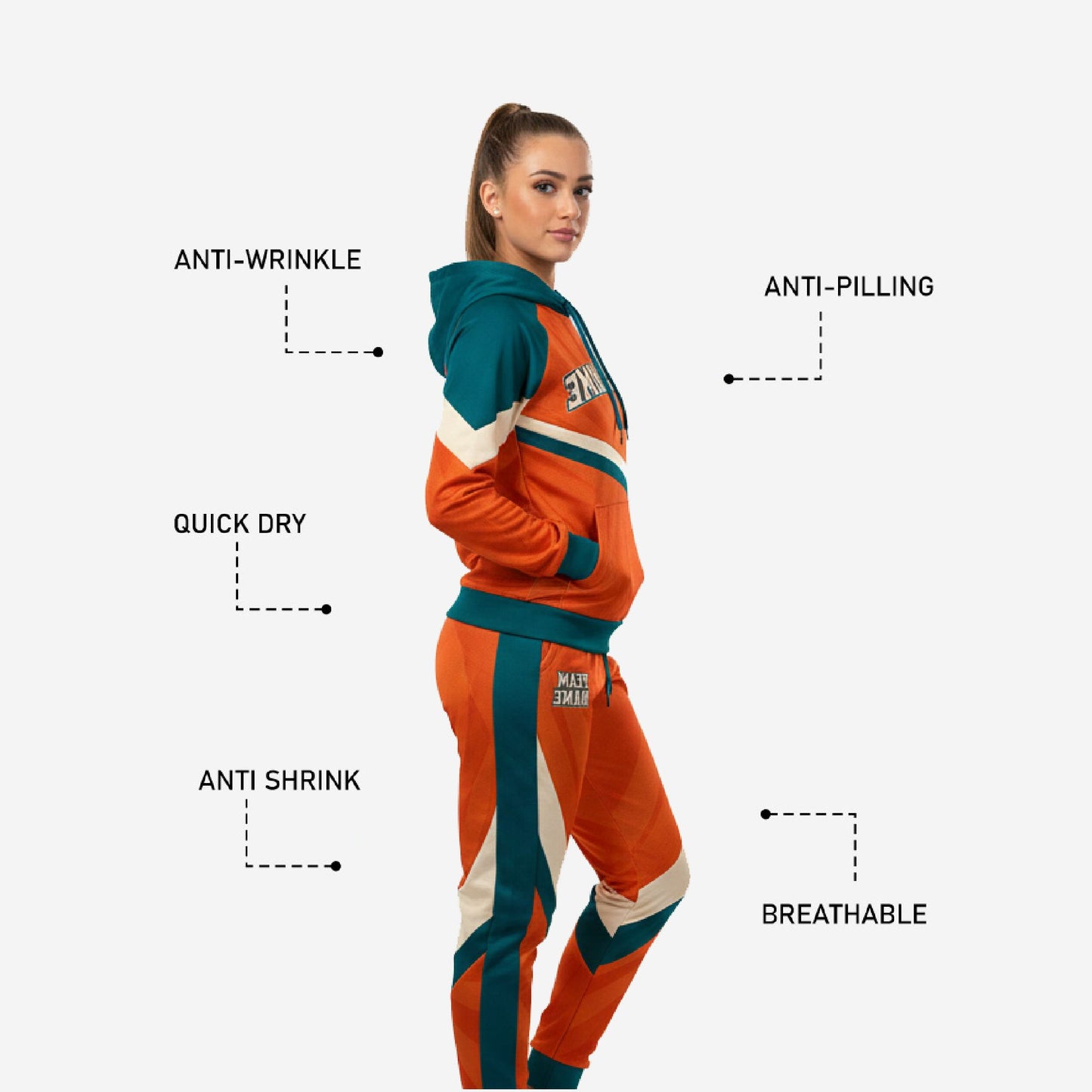 Custom Cheerleading Warmup Set Orange Green - Pullover Hoodie & Pants Team Name Design