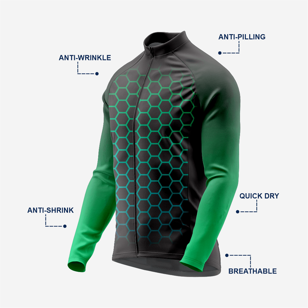 Men's Black Green Long Sleeve Cycling Jersey| Breathable Hex Print Bike Jersey - K2 Sportswear | Custom Sports Uniforms & Apparels - K2 Sportswear