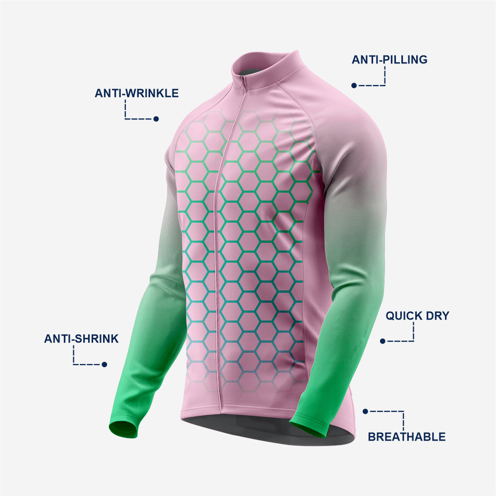 Full Zip Pink Green Long Sleeve Cycling Jersey for Men | Hexagon Bike Shirt - K2 Sportswear | Custom Sports Uniforms & Apparels - K2 Sportswear