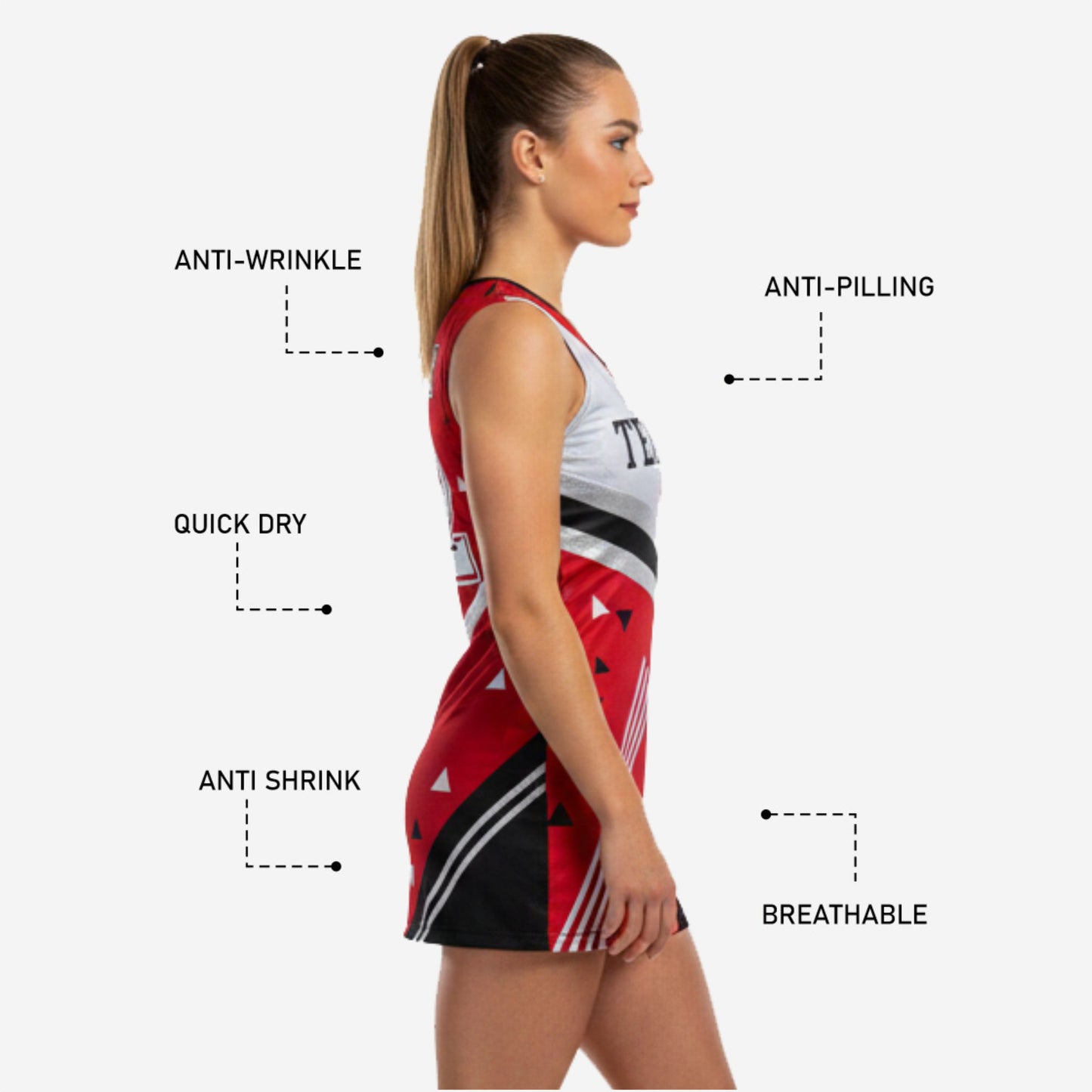 Sleeveless Cheerleading Uniform Dress - Custom Team Name & Number Red