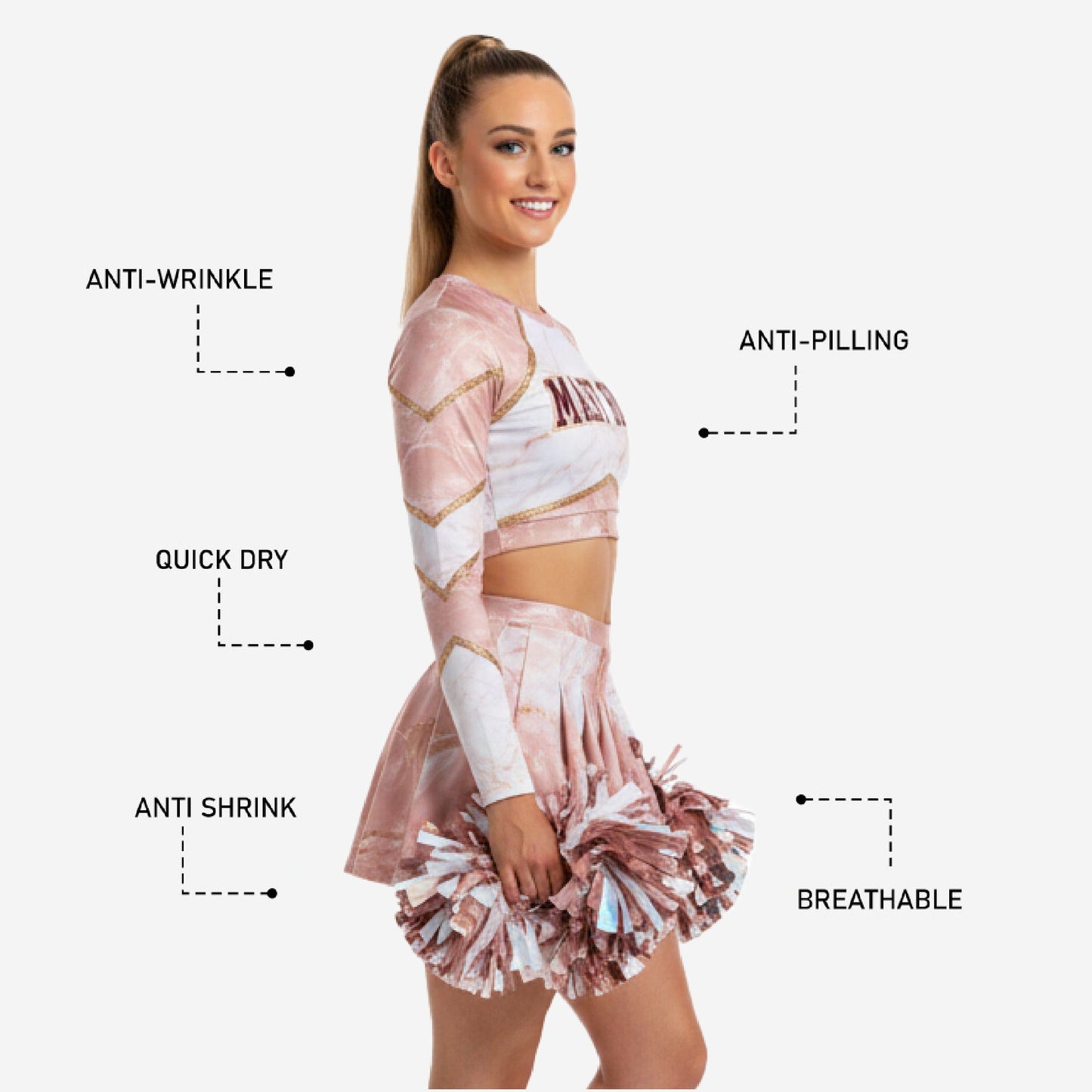 Custom Cheerleading Uniform Set - Long Sleeve Crop Top & Skirt Team Name Design