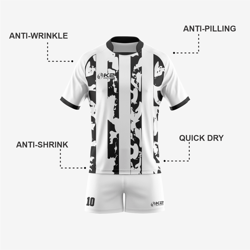 Personalized Rugby Jersey & Shorts Set in White/Black - K2 Sportswear | Custom Sports Uniforms & Apparels - K2 Sportswear