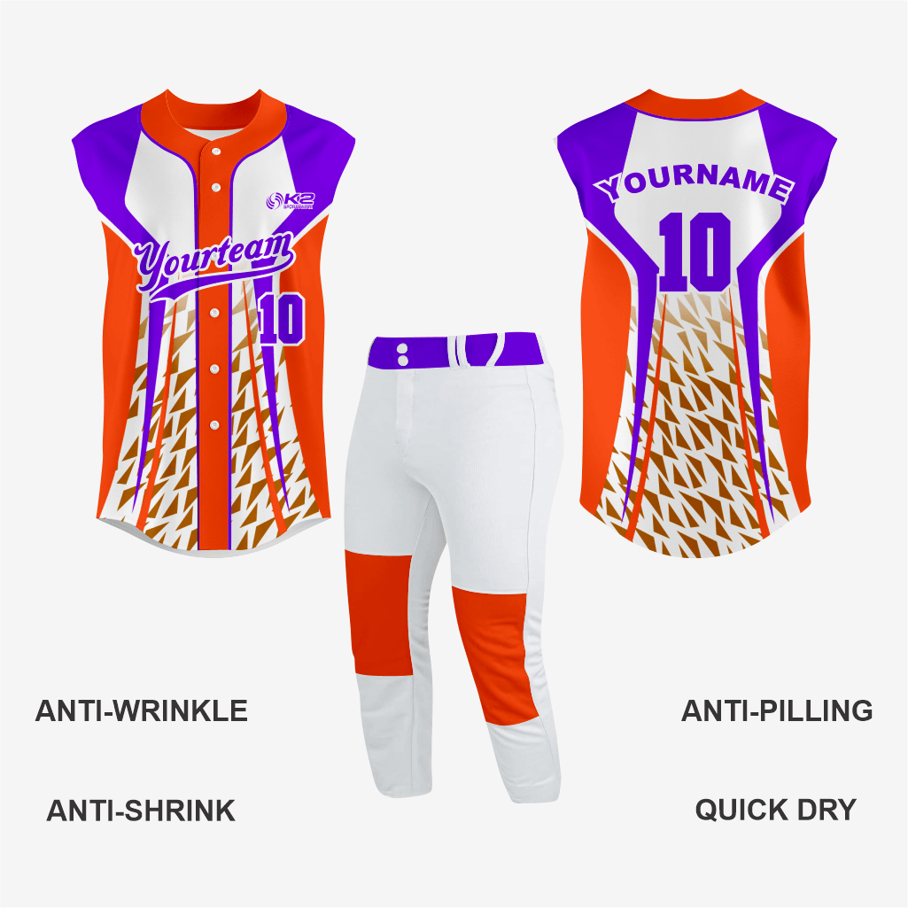 Custom Orange/Purple Sleeveless Full Button Softball Jersey – Pro Fit - K2 Sportswear | Custom Sports Uniforms & Apparels - K2 Sportswear