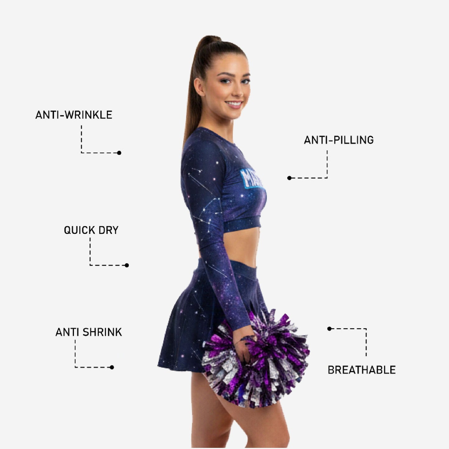 Custom Cheerleading Uniform Set - Long Sleeve Crop Top & Skirt Galaxy Design