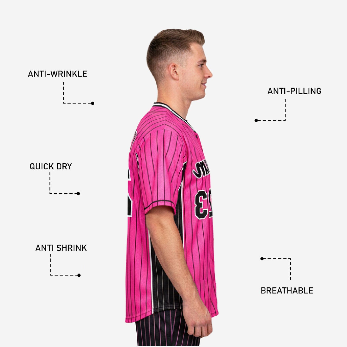 Custom Baseball Uniform Jersey - Pinstripe Full Button Sublimated Jersey in Hot Pink