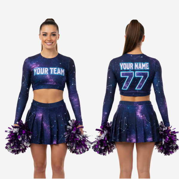 Custom Cheerleading Uniform Set - Long Sleeve Crop Top & Skirt Galaxy Design