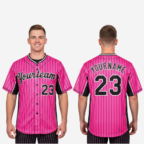 Custom Baseball Uniform Jersey - Pinstripe Full Button Sublimated Jersey in Hot Pink