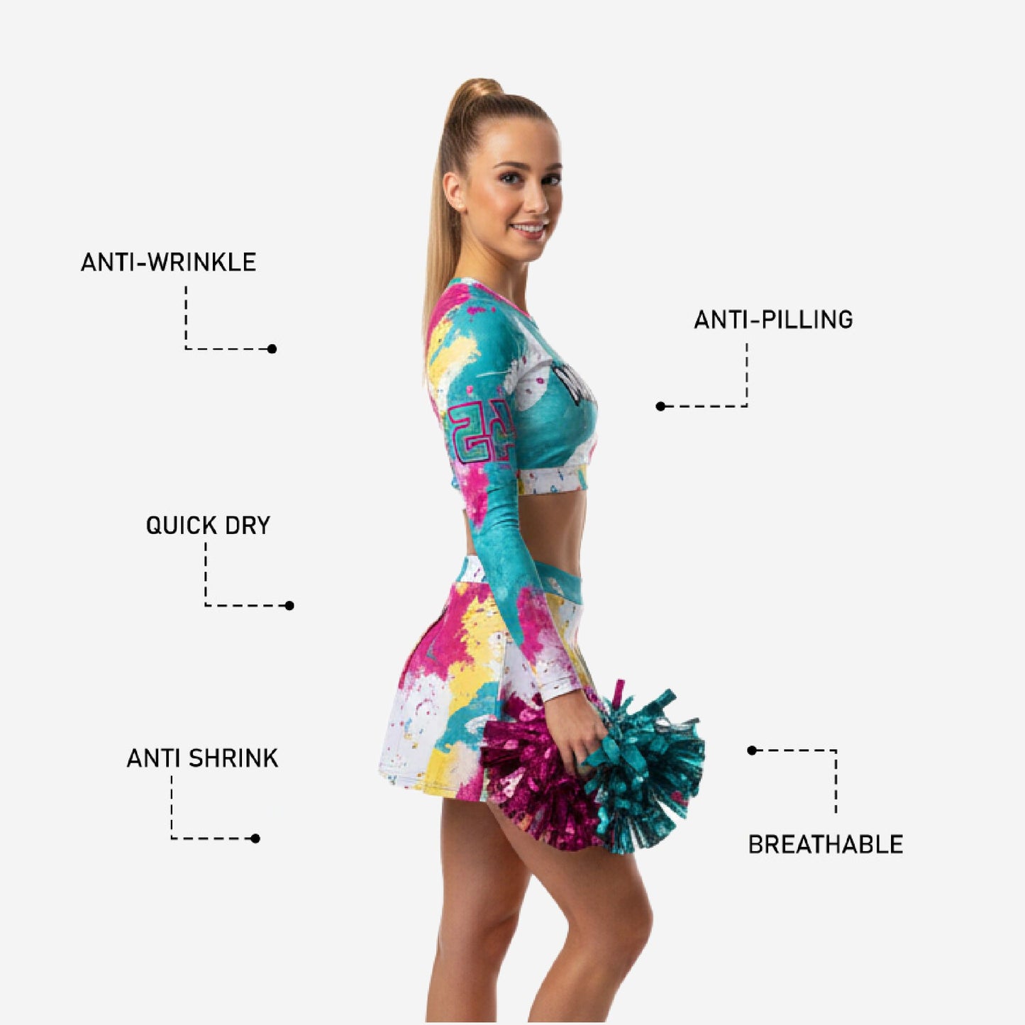 Custom Cheerleading Uniform Set - Long Sleeve Crop Top & Skirt Multicolor