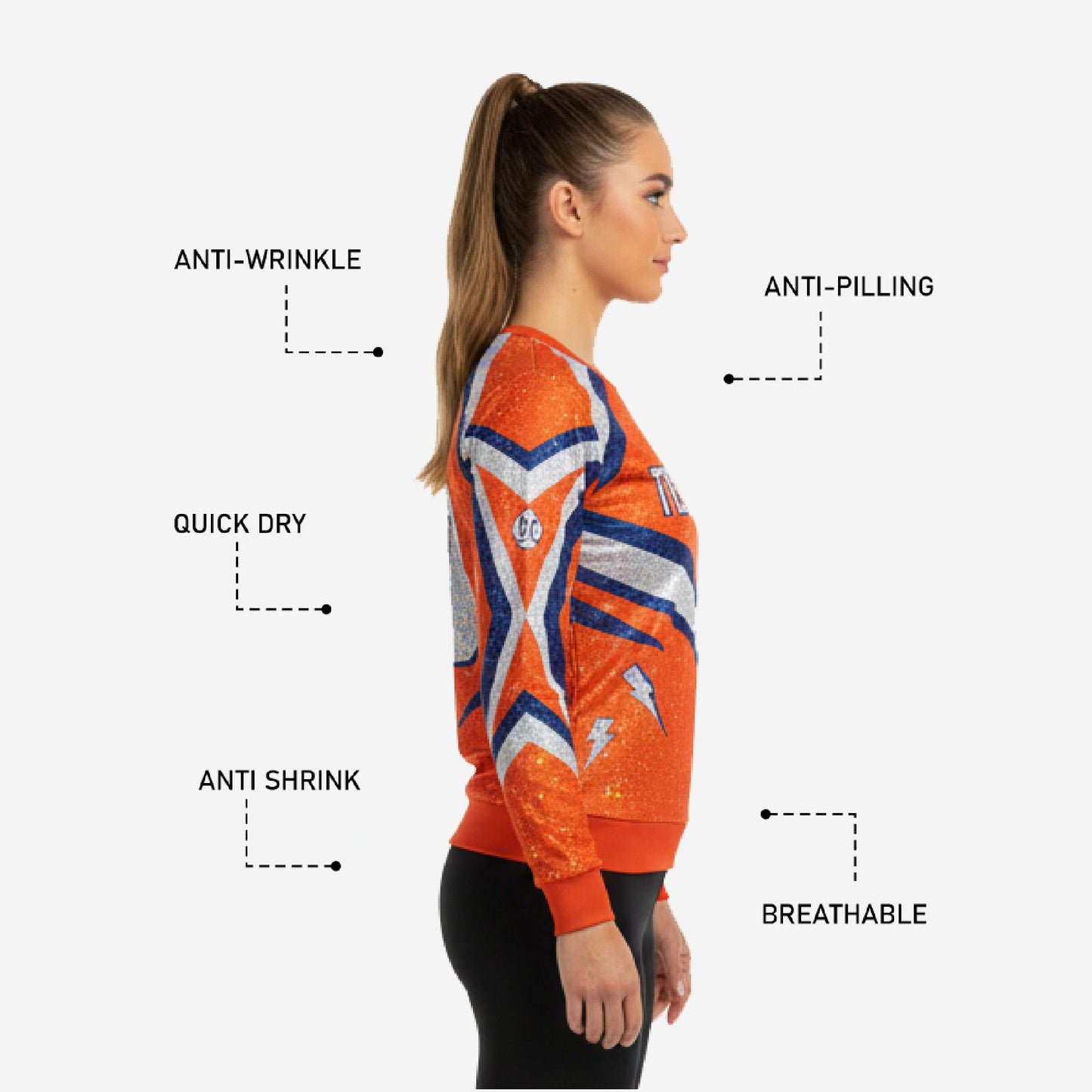 Custom Sublimated Cheerleading Jersey - Orange Long Sleeve Athletic Top