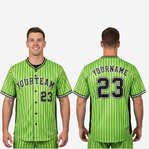Custom Baseball Uniform Jersey - Youth & Adult Pinstripe Full Button Jersey in Yellow Green