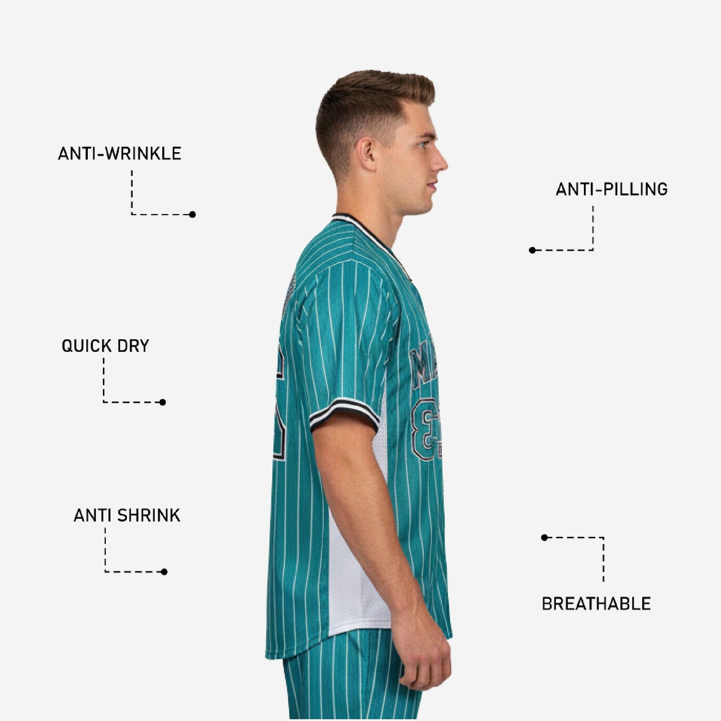 Custom Baseball Uniform Jersey - Pinstripe Full Button Sublimated Jersey in Teal Blue