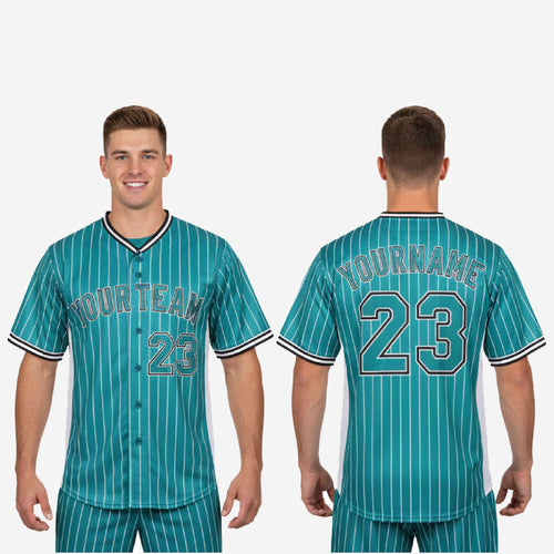 Custom Baseball Uniform Jersey - Pinstripe Full Button Sublimated Jersey in Teal Blue