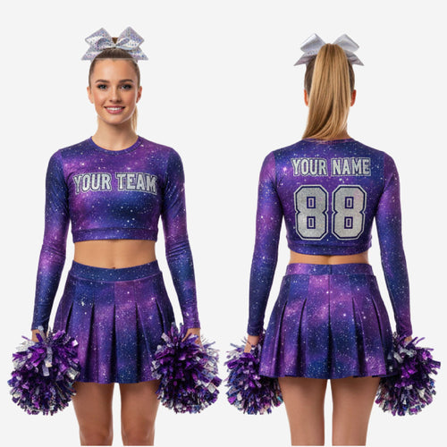Custom Cheerleading Galaxy Uniform Set - Long Sleeve Crop Top & Skirt Design