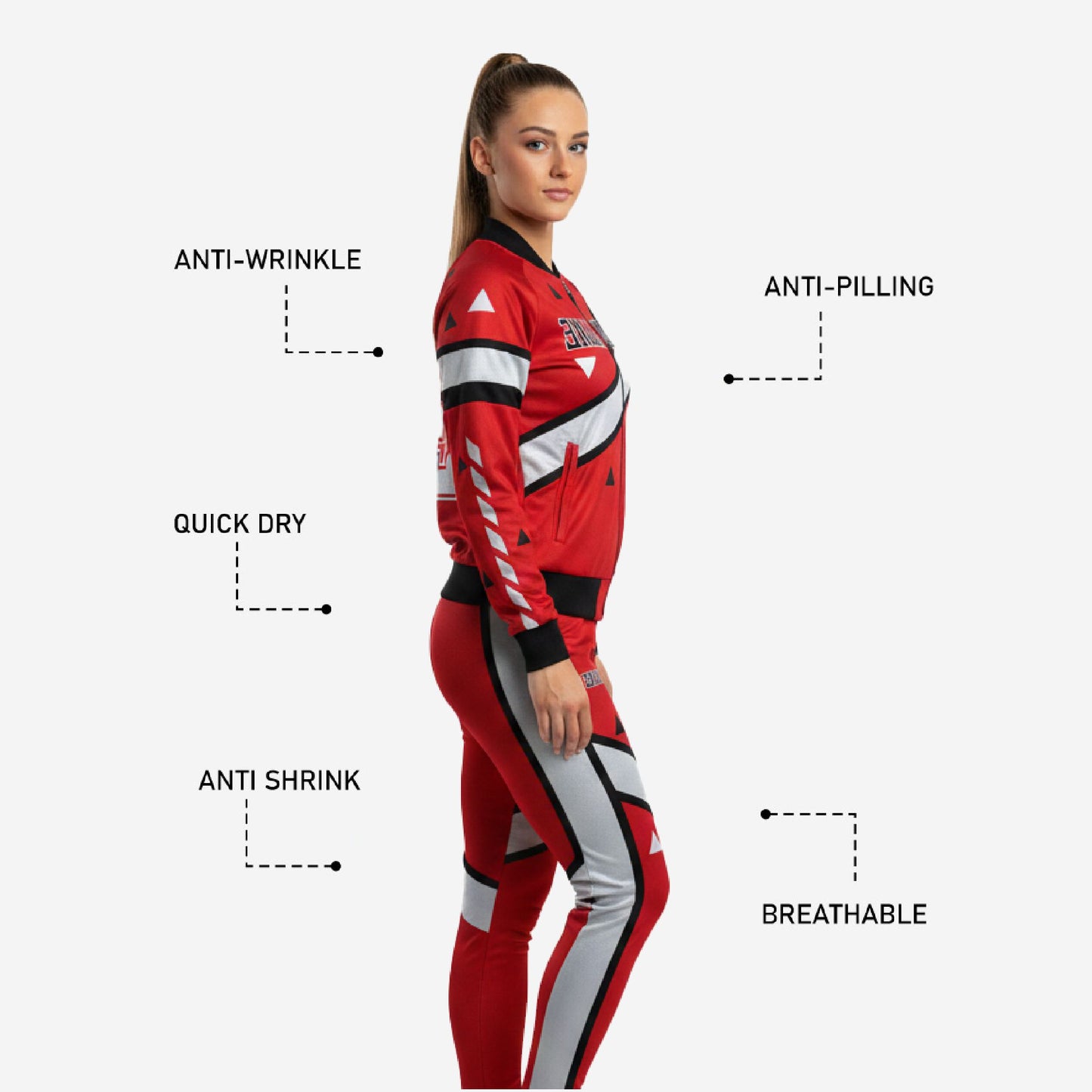 Custom Cheerleading Red Warmup Set - Bomber Jacket & Pants Team Name Design