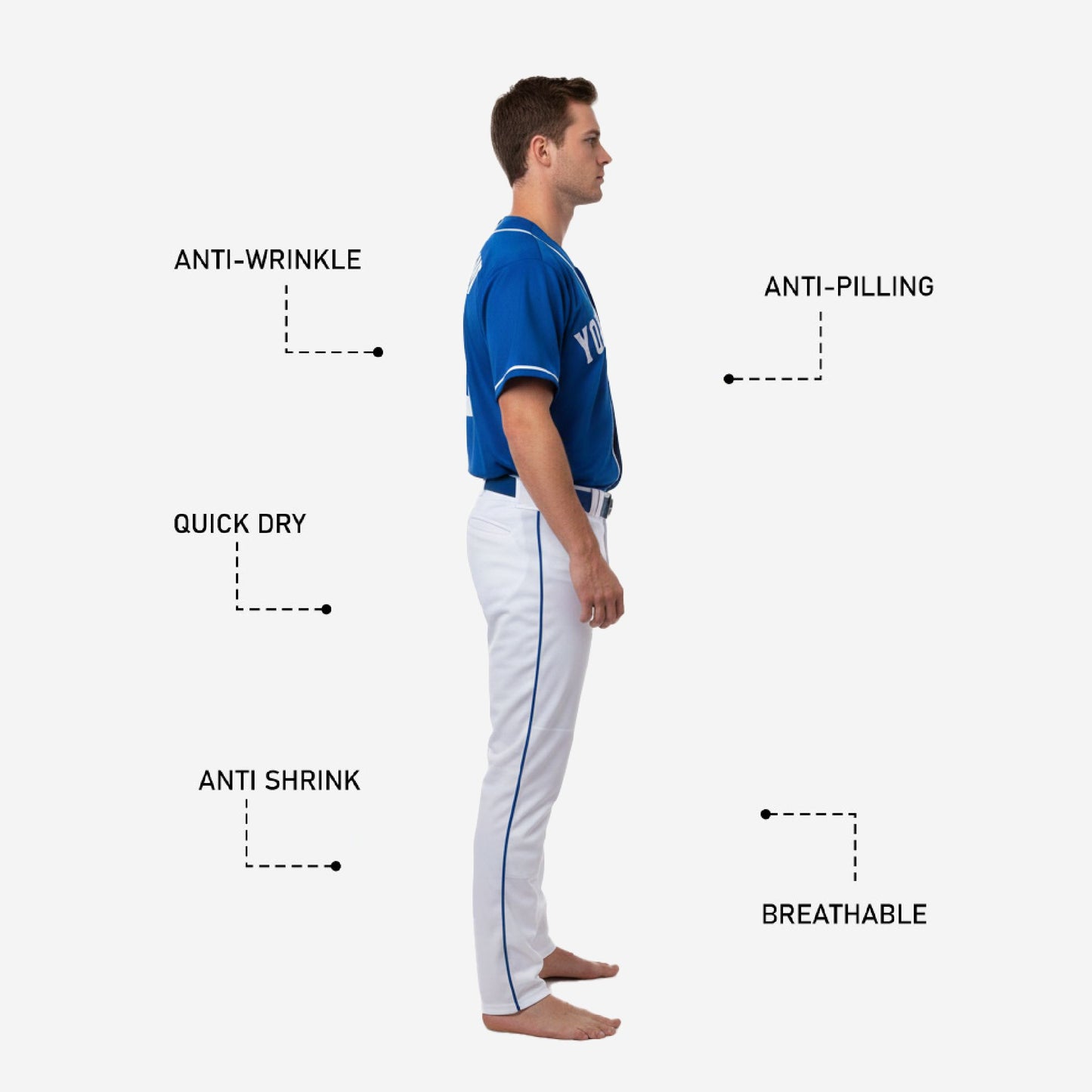 Custom Baseball Uniform in Blue - Full Button Jersey & Pants Team Name & Number Set