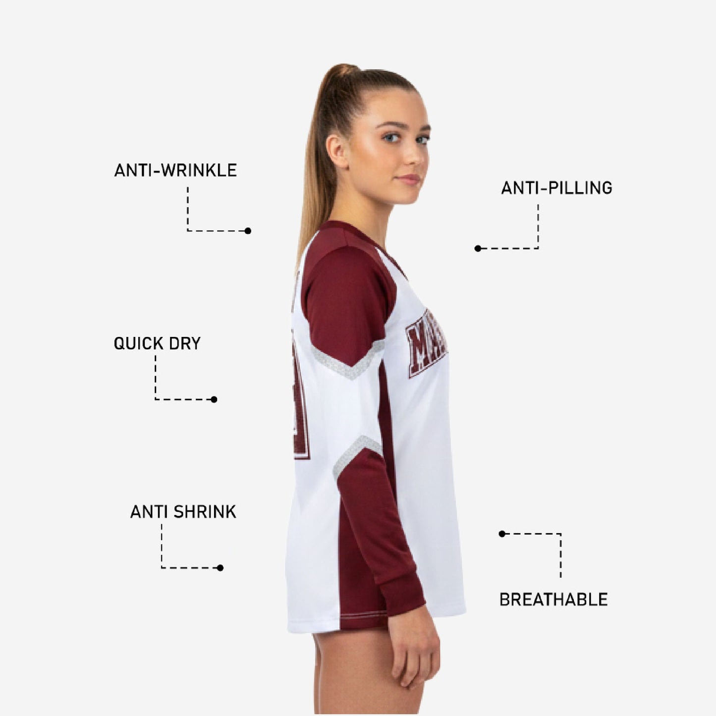 Custom Long Sleeve Cheerleading Jersey - White & Wine V-Neck Practice Jersey