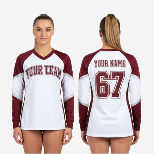 Custom Long Sleeve Cheerleading Jersey - White & Wine V-Neck Practice Jersey