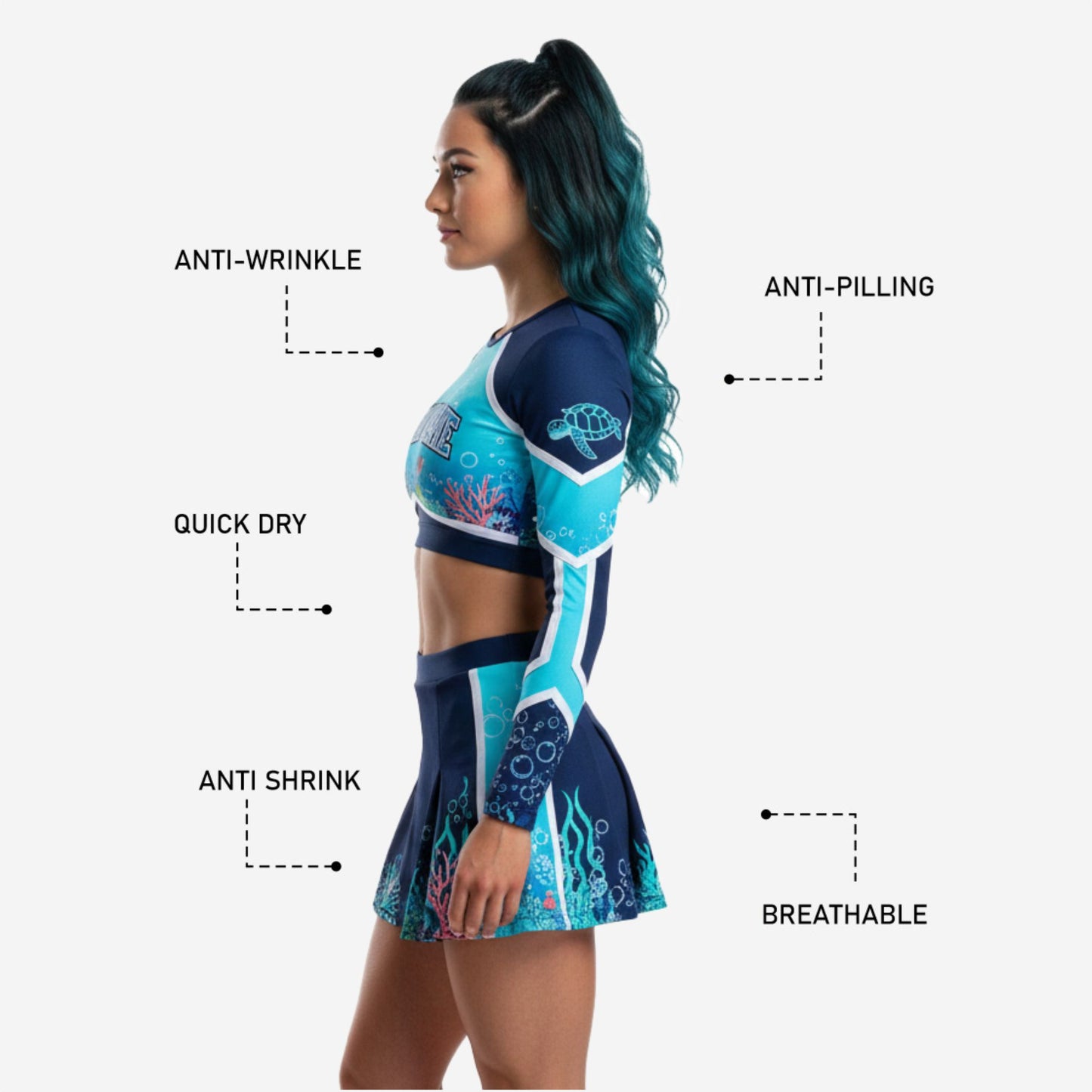Custom Cheer Uniforms - Sublimated Long Sleeve Crop Top & Athletic Skirt Set