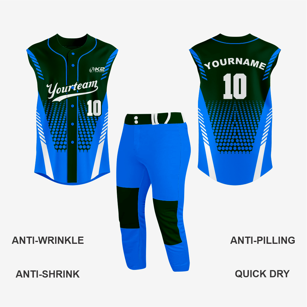 Custom Blue/Dark Green Sleeveless Full Button Softball Jersey – Men/Women - K2 Sportswear | Custom Sports Uniforms & Apparels - K2 Sportswear