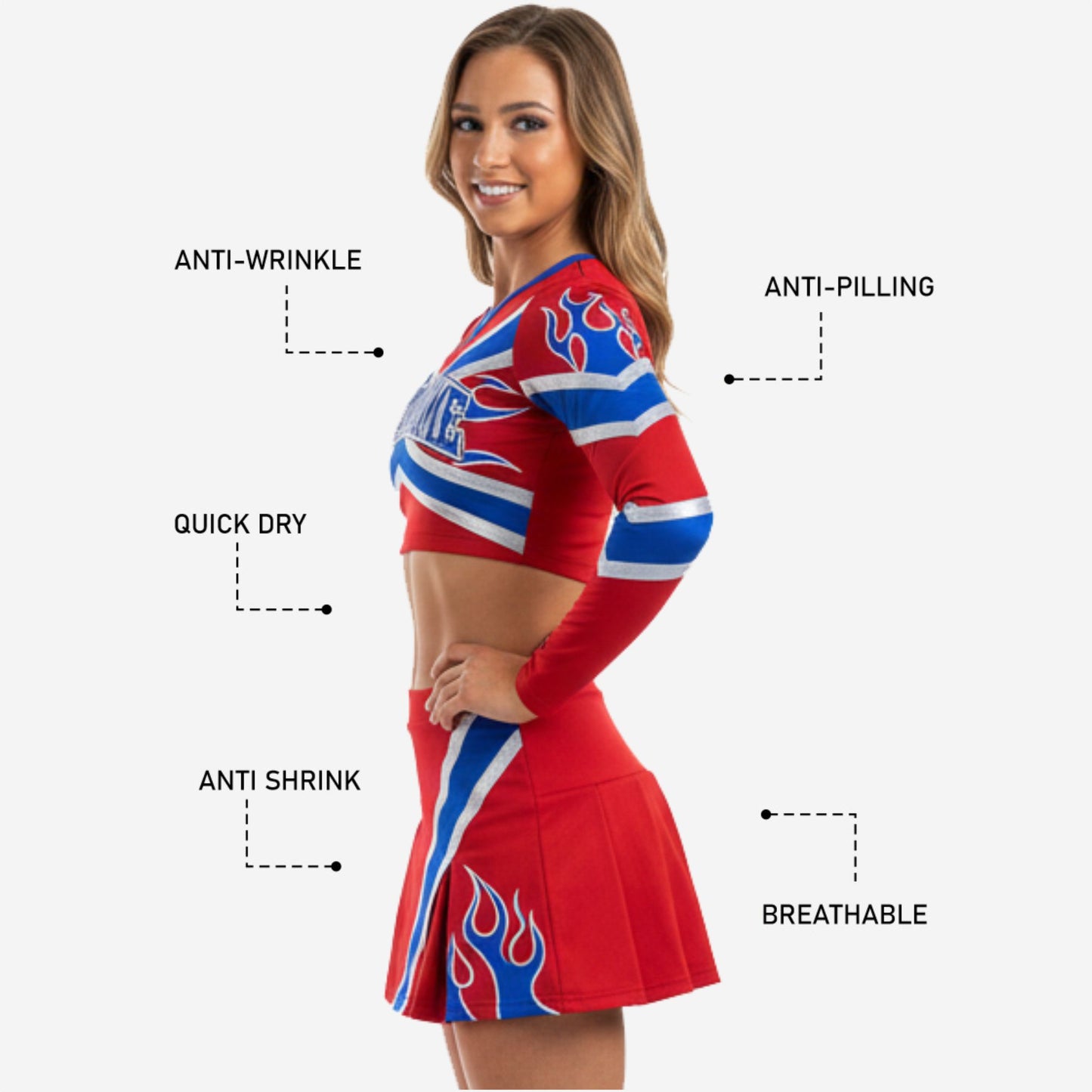 Custom Cheerleading Sets in Red - Long Sleeve Shell & Pleated Skirt