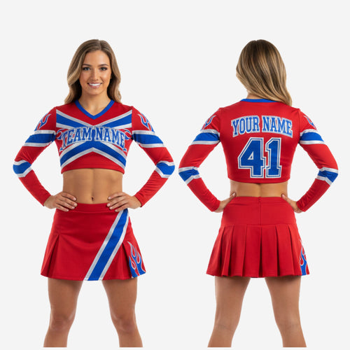 Custom Cheerleading Sets in Red - Long Sleeve Shell & Pleated Skirt