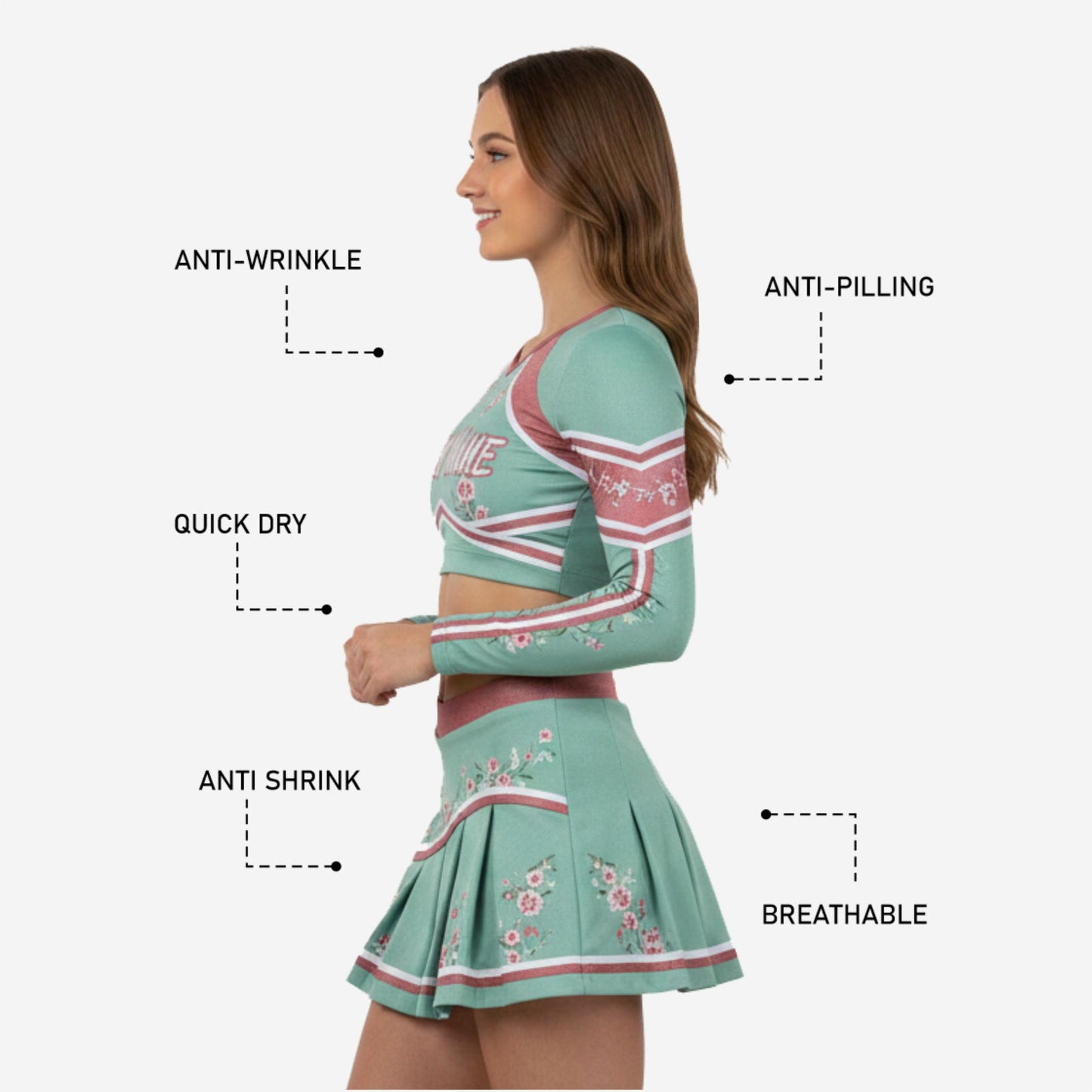 Custom Cheerleading Uniform Sets - Long Sleeve Shell & Pleated Skirt