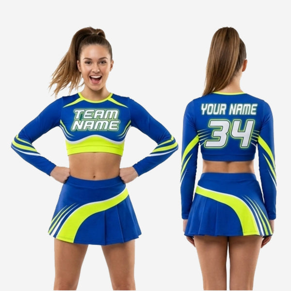 Ensemble uniforme de cheerleading personnalisé en bleu - Ensemble crop top à manches longues