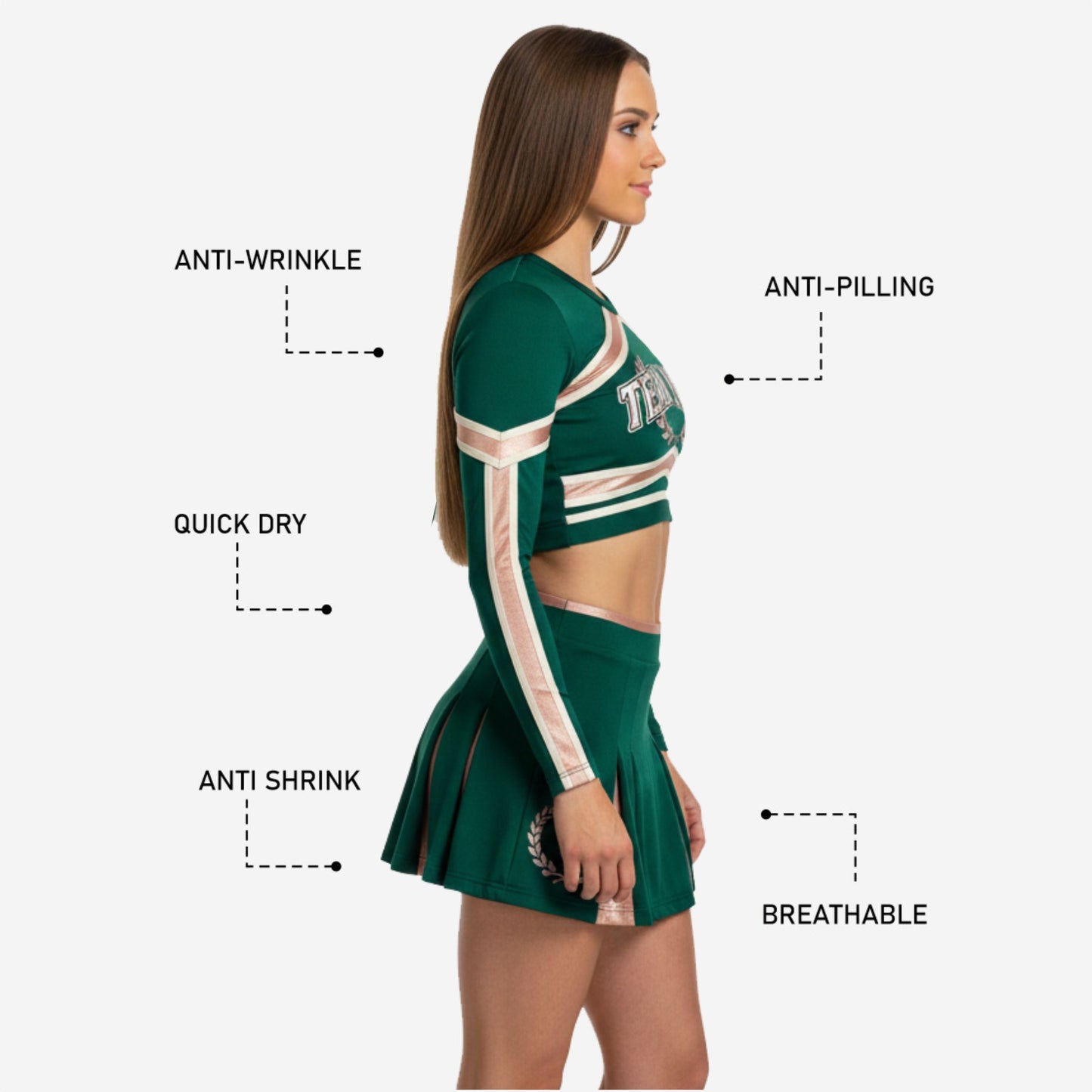 Custom Cheerleading Uniform Set in Green - Long Sleeve Crop Top & Skirt Set