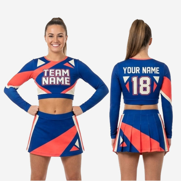 Uniformes de cheerleading personnalisés - Crop top à manches longues et jupe bleus