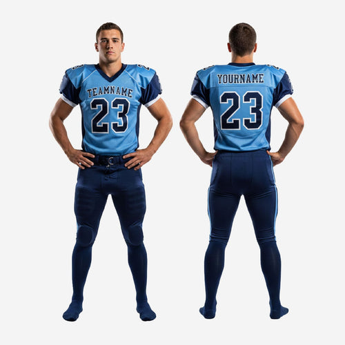 Size and specification chart for custom blue and navy american football uniforms with numbers available in youth and adult roster sizing
