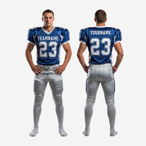 Size and specification sheet for the custom blue and grey American football uniform showing youth and adult size range