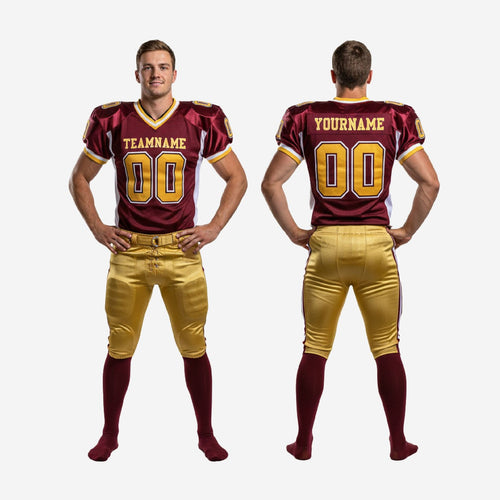 Size and spec sheet for custom maroon and gold American football uniforms with names and numbers, youth and adult sizing available