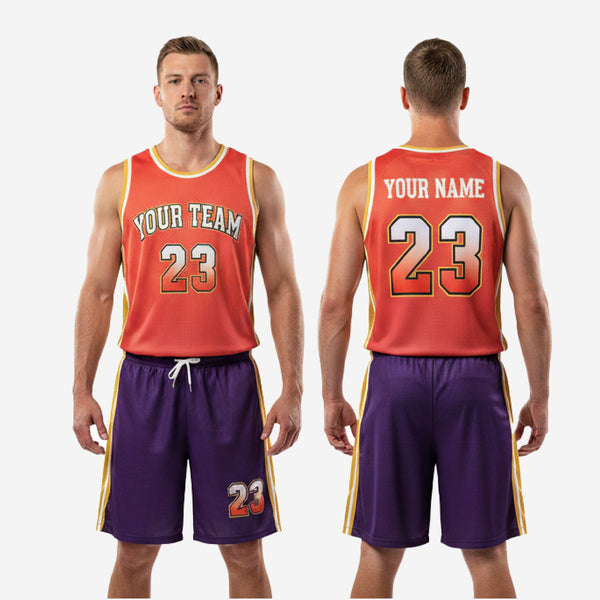 Basketball uniform maker K2 Sportswear orange purple full set with matching number placement