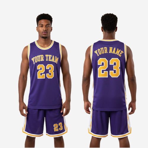 Full personalized basketball uniform set in Royal Purple and Athletic Gold jersey and shorts kit