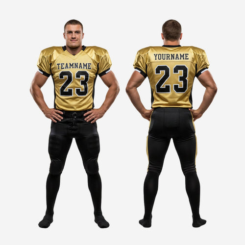 Size and specification sheet for custom black and gold football uniform sets showing youth through adult sizing for full roster orders