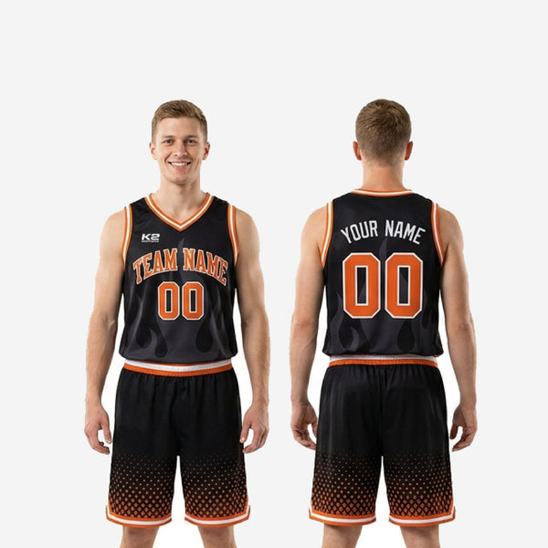 Size and spec sheet for black and orange sublimated basketball uniform set youth and adult sizing