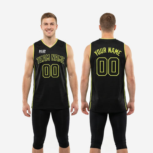Size and specification chart for the custom lime green and black basketball jersey showing youth and adult sizing measurements
