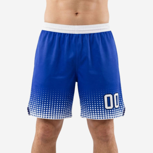 Blue and white basketball shorts with halftone dot hem fade, white elastic waistband, and bold player number on the right thigh - front view