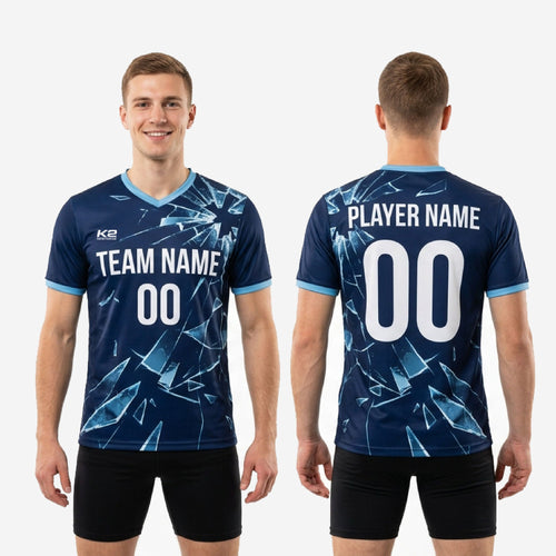 Blue soccer training jersey sublimation detail showing Ice Blue geometric shard pattern on Navy Blue 100 percent polyester performance knit fabric